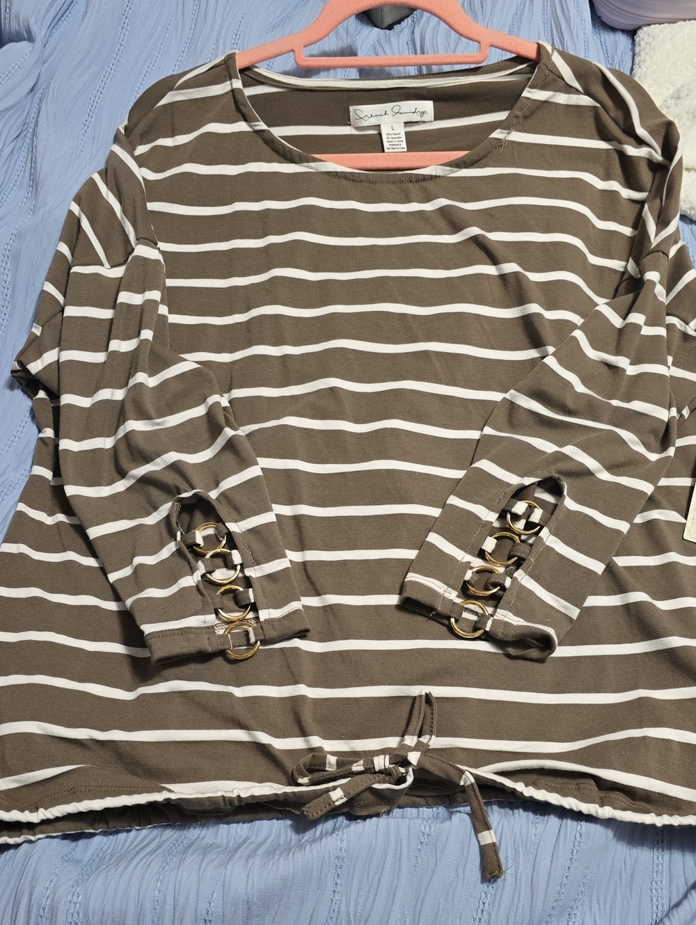French Laundry Taupe & White Striped Long-Sleeve Top with Gold Ring Accents